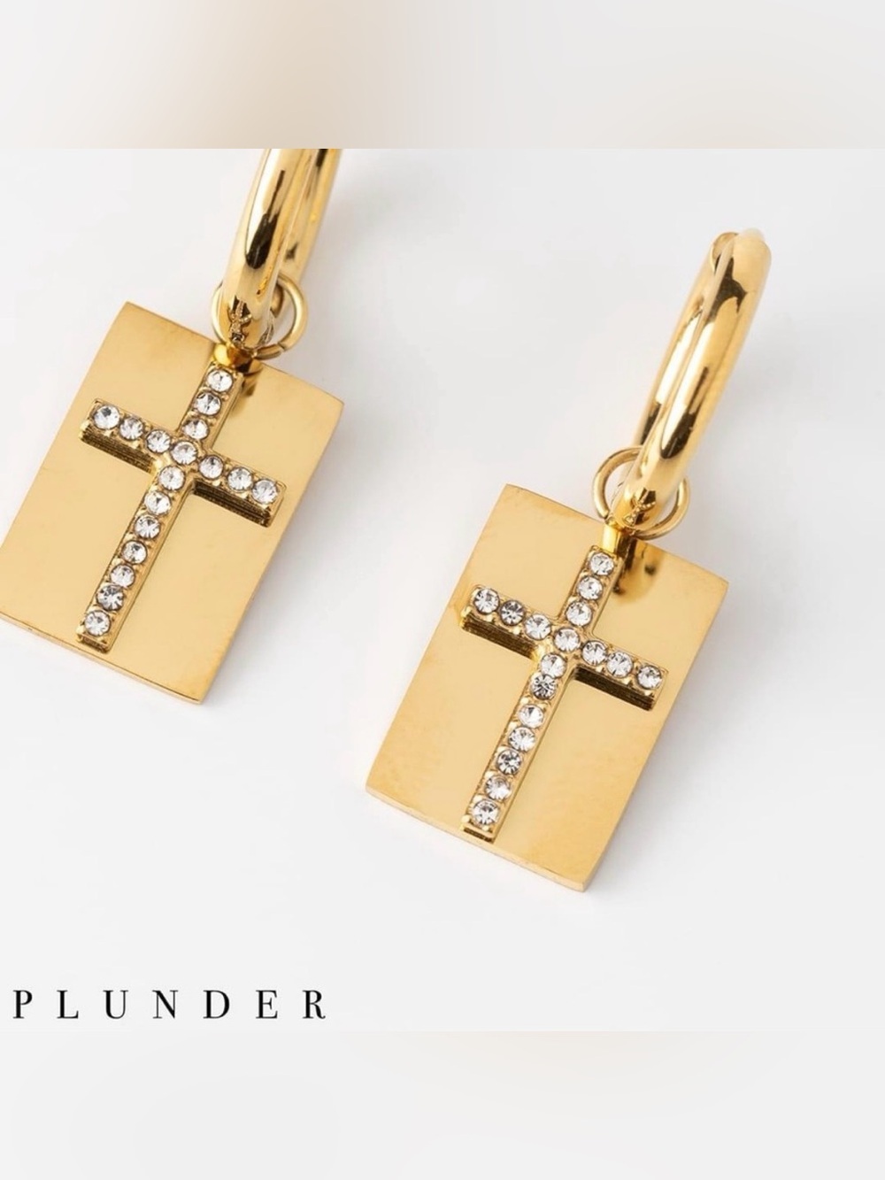 Plunder Heavenly Gold Plated Crystal Cross Huggie Hoop Earrings